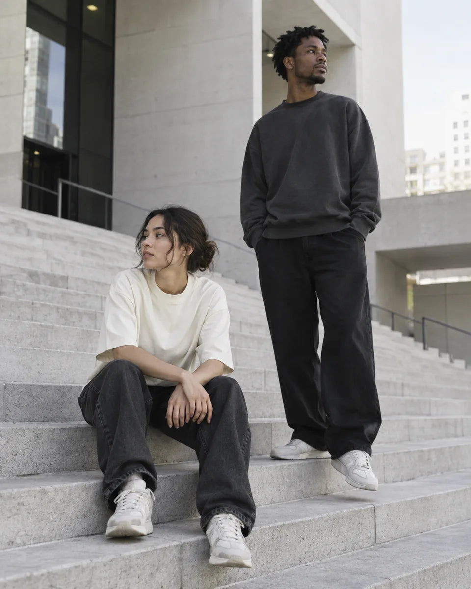 AI campaign study of everyday clothing on city steps, not product photography